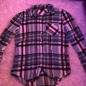 Adorable plaid flannel; teal/navy/white.  Button up and perfect for winter days